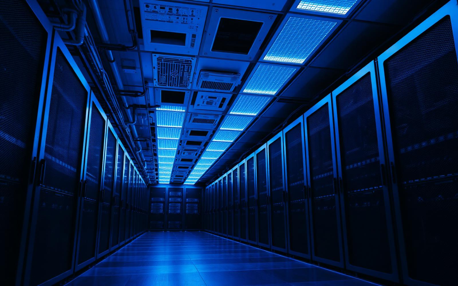 Data centre corridor with server racks lit by blue lighting