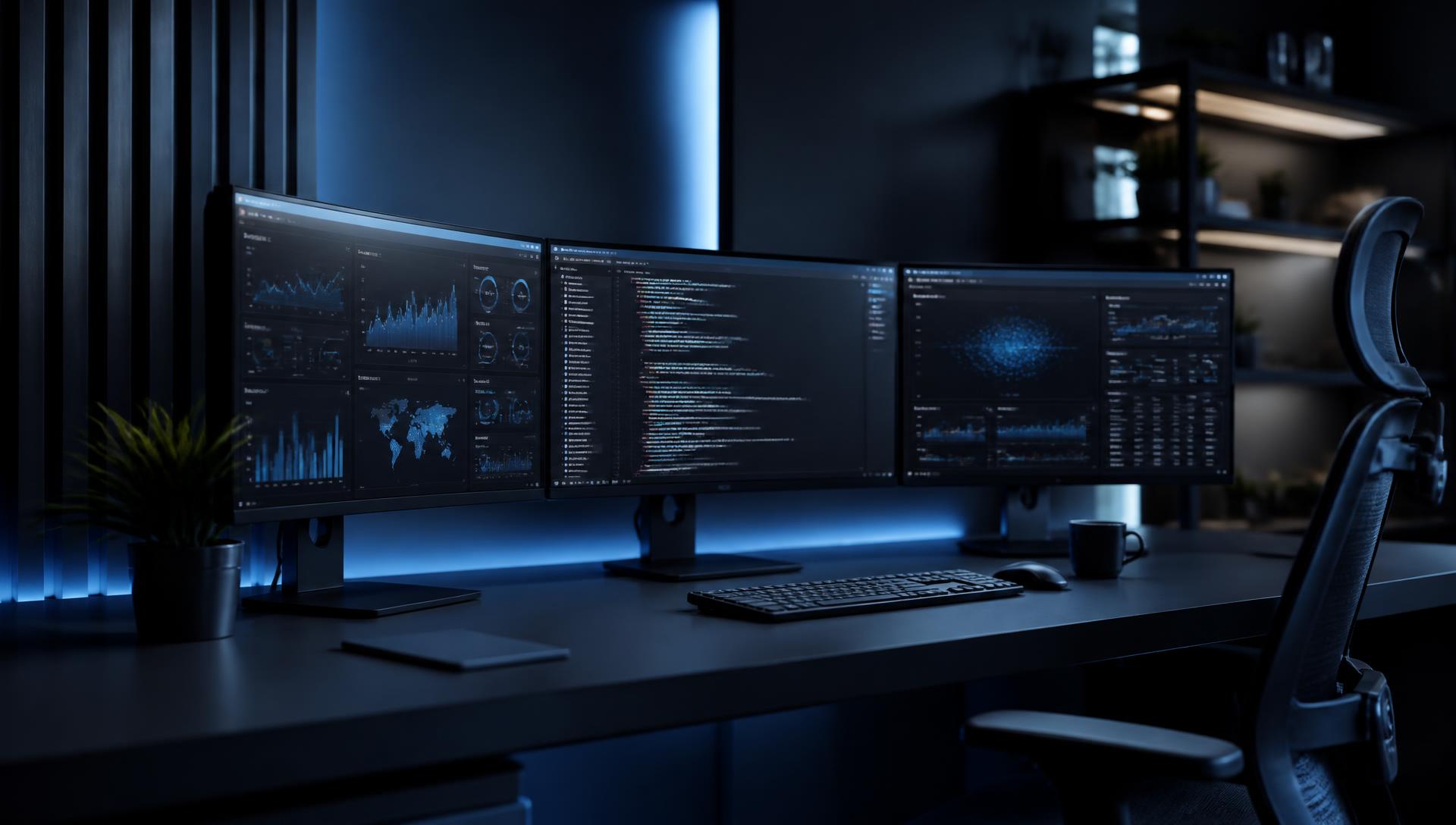 Dark technology workspace with curved monitors showing analytics dashboards and source code