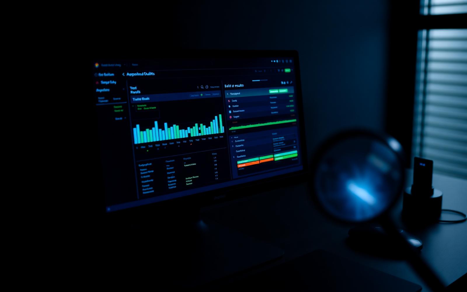 Monitor showing a software testing dashboard with charts and status indicators