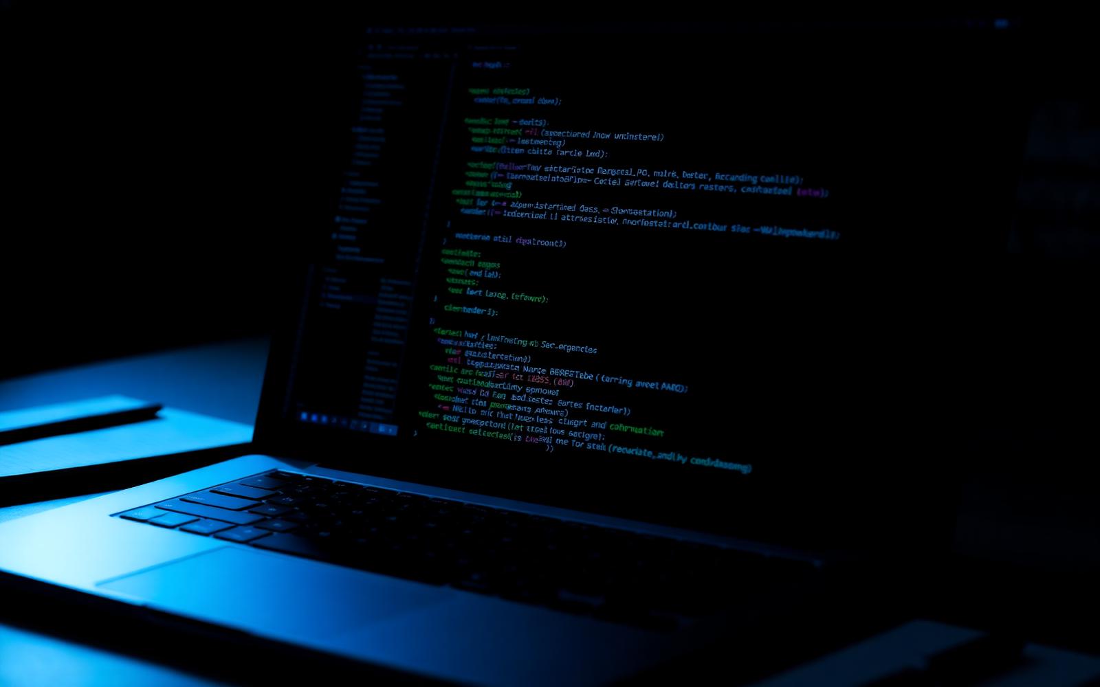 Laptop screen displaying source code in a dark themed editor